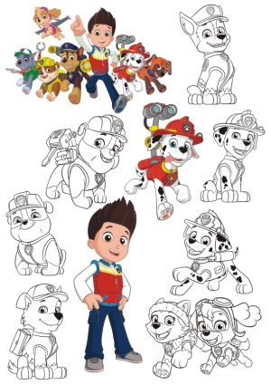 Paw Patrol Characters Coloring and Full Color Vector Set Free Vector
