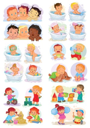 Cute Babies and Toddlers Bathing, Playing, and Sleeping Illustrations Free Vector