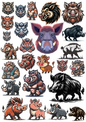 Collection of Wild Boar and Warthog Vector Illustrations Free Vector