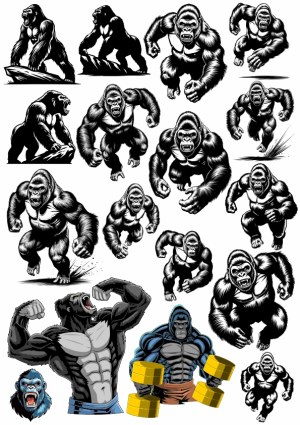 Collection of Aggressive Gorilla and Strong Ape Vector Illustrations Free Vector