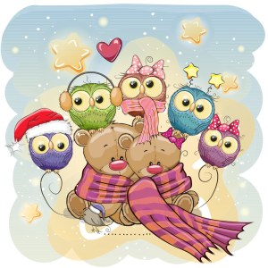 Cute Winter Owls and Teddy Bears with Star Balloons Free Vector