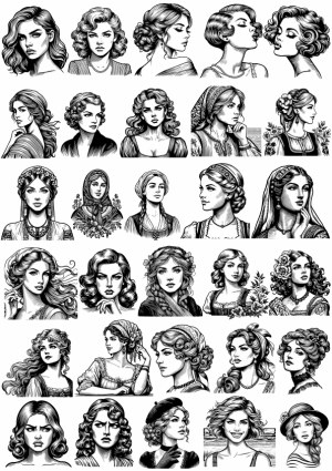 Vintage Black and White Portraits of Women in Various Hairstyles and Attires Free Vector