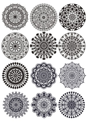 Set of Twelve Intricate Black and White Circular Mandala Designs Free Vector