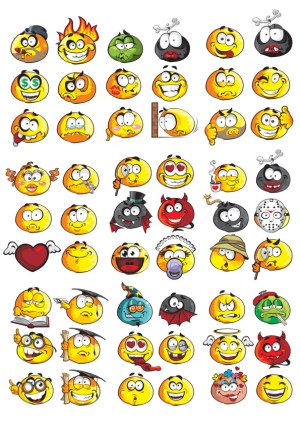 Set of 50 Cartoon Emoji Faces with Various Expressions and Themes Free Vector