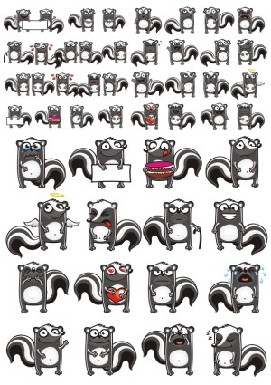 Set of Cartoon Skunk Characters with Various Emotions and Actions Free Vector