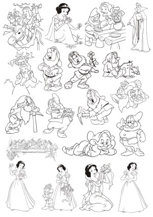 Black and White Snow White and the Seven Dwarfs Vector Line Art Free Vector