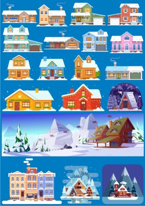 Winter and Snowy Houses and Mountain Cabins Vector Collection Free Vector
