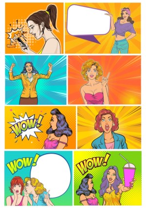 Pop Art Style Comic Panels with Diverse Women Expressing Surprise and Excitement Free Vector