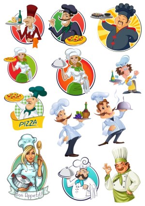Cartoon Chefs and Waitstaff with Food and Drink Vector Set Free Vector