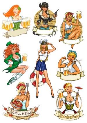 Set of Pin-Up Women Characters in Various Costumes with Beer and Food Free Vector