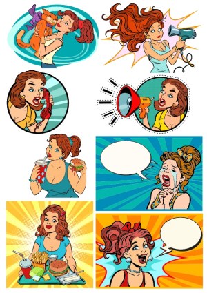 Pop Art Style Women Expressing Various Emotions and Activities Free Vector