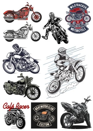 Motorcycle and Biker Vector Collection with Emblems and Riders Free Vector