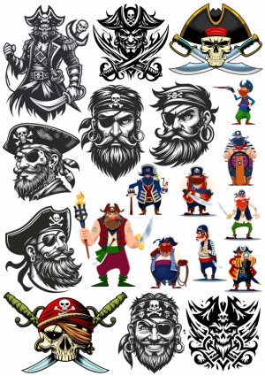 Collection of Pirate Characters and Symbols Vector Illustrations Free Vector