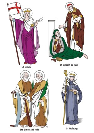 Illustrations of Christian Saints Ursula, Vincent de Paul, Simon and Jude, and Walburga Free Vector