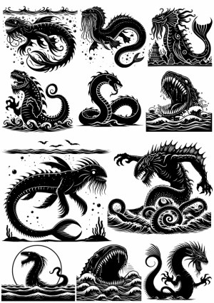 Black Sea Monster and Mythical Creature Vector Illustrations Free Vector