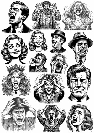 Vintage Black and White Engraved Faces Showing Emotions and Expressions Free Vector