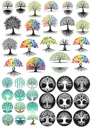 Diverse Vector Tree Designs with Colorful and Monochrome Styles Free Vector