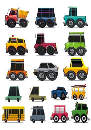 Set of 16 Colorful Cartoon Vehicle Vectors with Oversized Wheels Free Vector
