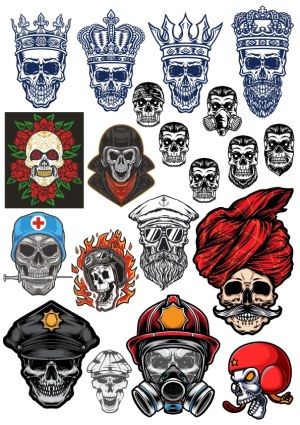 Skull Heads with Crowns, Hats, Helmets, and Gas Masks Vector Set Free Vector