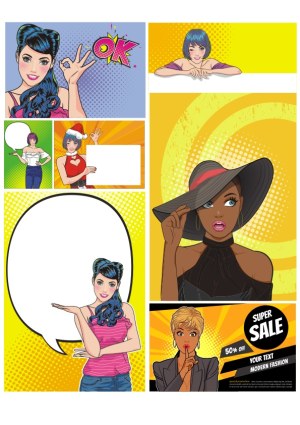 Pop Art Women with Speech Bubbles and Sale Advertisement Free Vector