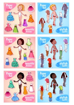 Paper Doll Sets with Dress and Outfit Clothing Options Free Vector