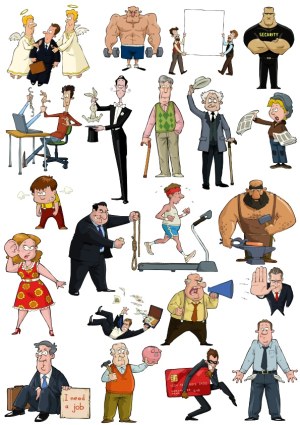 Set of Diverse Cartoon Characters in Various Situations and Professions Free Vector