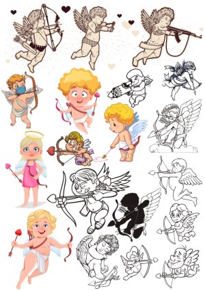 Set of Cupid and Cherub Illustrations with Bows and Arrows Free Vector