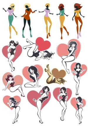 Stylized Female Silhouettes and Pin-Up Girl Vectors with Hearts Free Vector