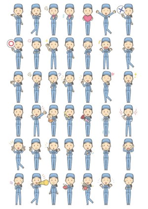Set of Cartoon Worker Man in Blue Uniform with Various Emotions and Actions Free Vector