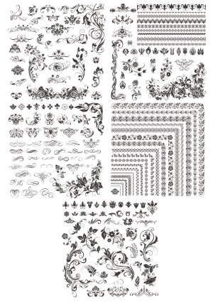 Set of Ornate Vintage Floral and Scrollwork Vector Elements and Borders Free Vector