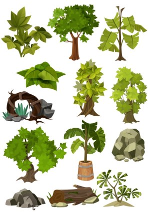 Vector Set of Various Trees, Plants, and Rocks Free Vector