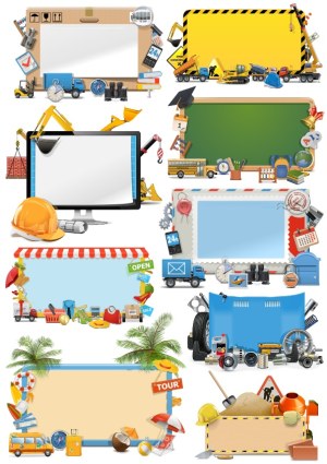 Set of Themed Vector Frames with Construction, Education, Travel, and Shopping Elements Free Vector