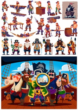 Cartoon Pirate Characters and Ship Elements Vector Set Free Vector