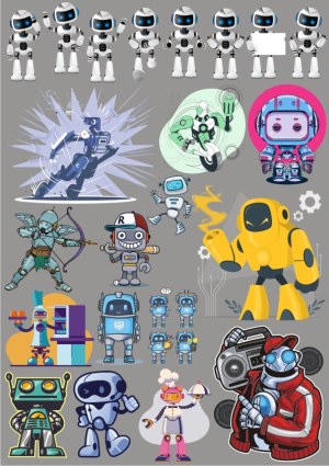 Collection of Diverse Cartoon Robot Characters in Various Poses and Styles Free Vector