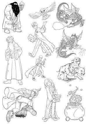 Black and White Fantasy Wizard and Magical Creature Line Art Free Vector