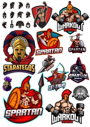 Spartan Warrior and Workout Vector Badges and Helmet Silhouettes Free Vector