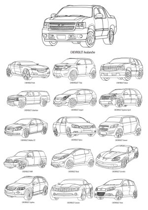 Outline Drawings of Various Chevrolet Car Models Free Vector