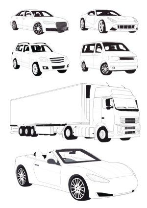 Vector Set of Various Vehicle Types Including Sedan, Sports Car, SUV, Van, Semi Truck, and Convertible Free Vector