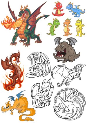 Collection of Colorful and Black-and-White Dragon Vector Illustrations Free Vector