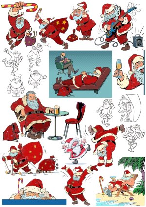 Collection of Santa Claus Cartoon Vector Illustrations in Various Poses and Activities Free Vector