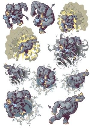 Muscular Rhino Cartoon Breakthrough and Running Vector Illustrations Free Vector