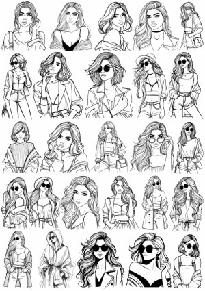 Set of Stylish Young Women Line Art Illustrations Free Vector