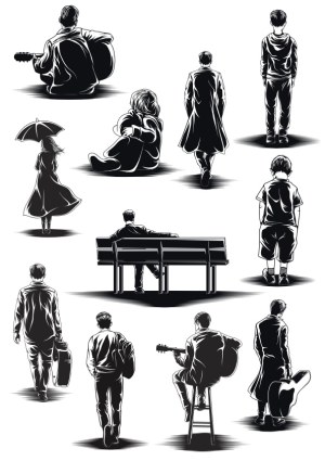 Silhouettes of People in Reflective Poses and Musical Settings Free Vector