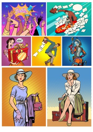 Pop Art Comic Style Vintage Woman, Party, and Business Scenes Free Vector