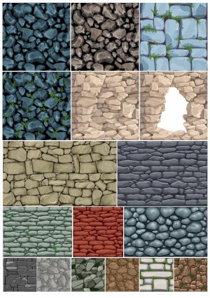 Seamless Stone and Rock Wall Patterns with Variations and Vegetation Free Vector