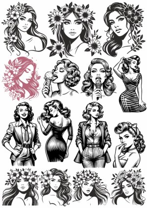 Vintage and Floral Women Portraits Vector Set Free Vector