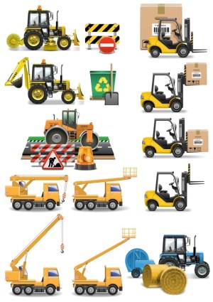 Construction and Industrial Vehicles and Equipment Vector Set Free Vector