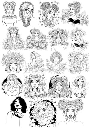 Hand-Drawn Black and White Female Portraits with Floral and Artistic Elements Free Vector