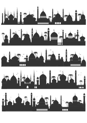 Islamic Cityscape Silhouettes with Mosques and Minarets Free Vector