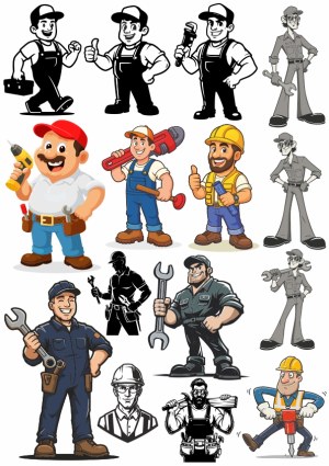 Set of Cartoon and Monochrome Plumber and Construction Worker Illustrations Free Vector